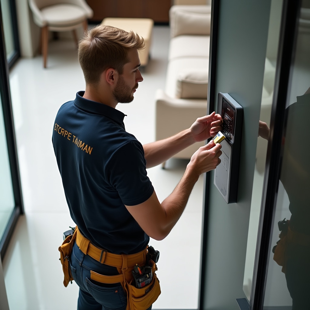 Técnico instalando lector de tarjetas y panel de control de acceso en entrada de edificio, pasando cables a través de conducto de pared, probando funcionalidad del lector con tarjeta de acceso, instalación profesional limpia