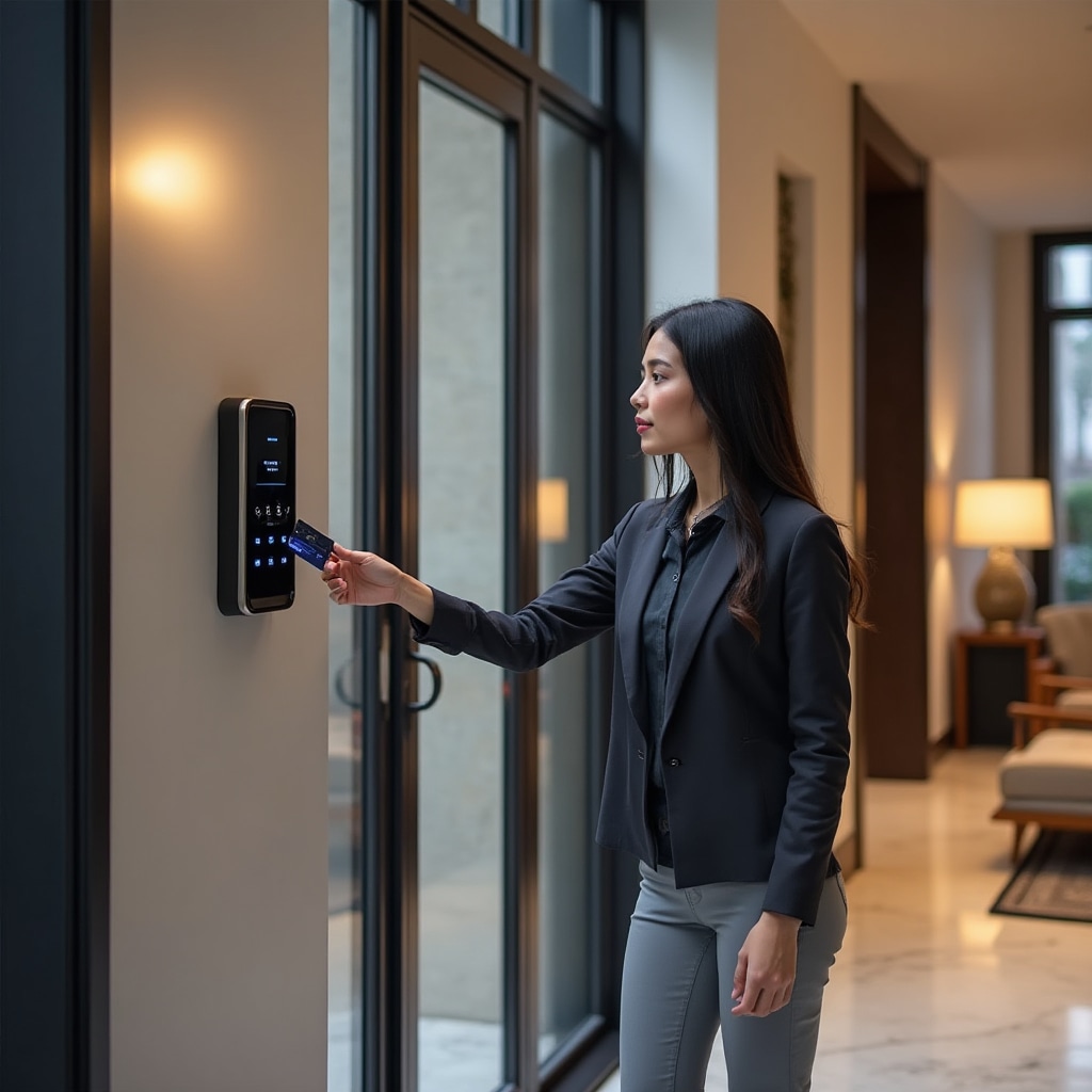 Lector de tarjetas de control de acceso moderno instalado en entrada de edificio, diseño elegante con indicador LED de estado, residente presentando tarjeta de acceso al lector, montaje seguro con hardware resistente a manipulaciones, instalación profesional limpia