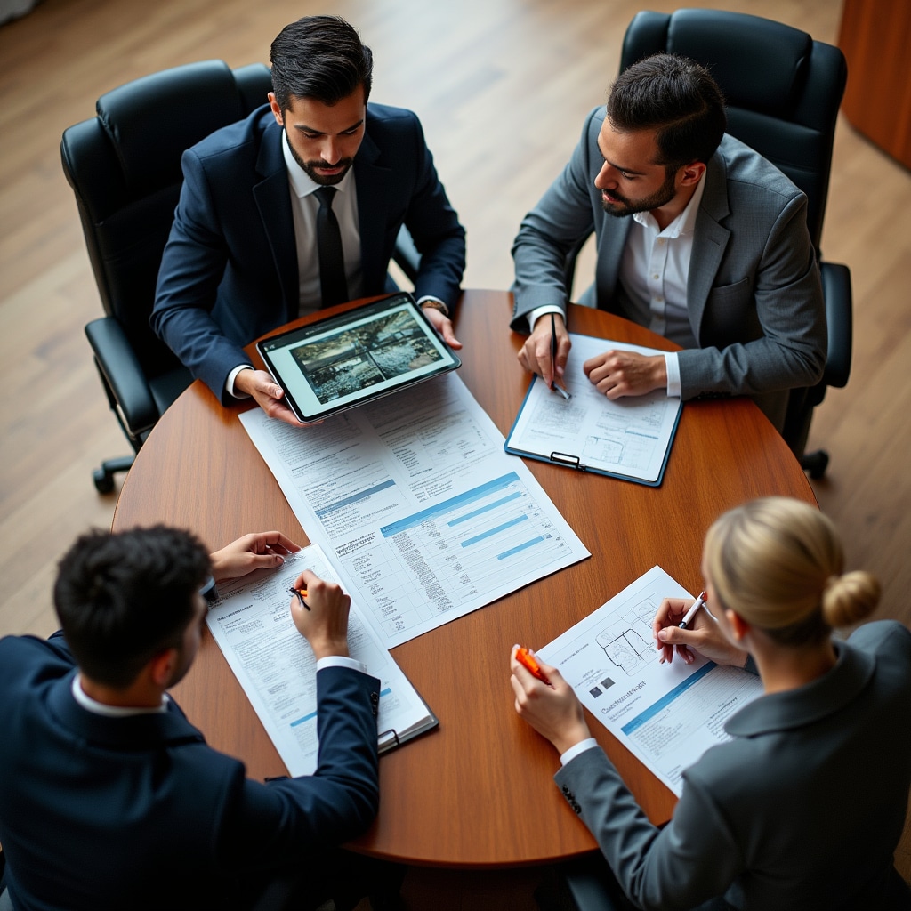 Reunión de comité de edificio con consultor de seguridad revisando propuestas de sistema y documentos de presupuesto en mesa de conferencias, atmósfera de discusión colaborativa, desgloses de costos transparentes visibles en pantalla de laptop, consulta profesional en sala de reuniones de centro de negocios de hotel