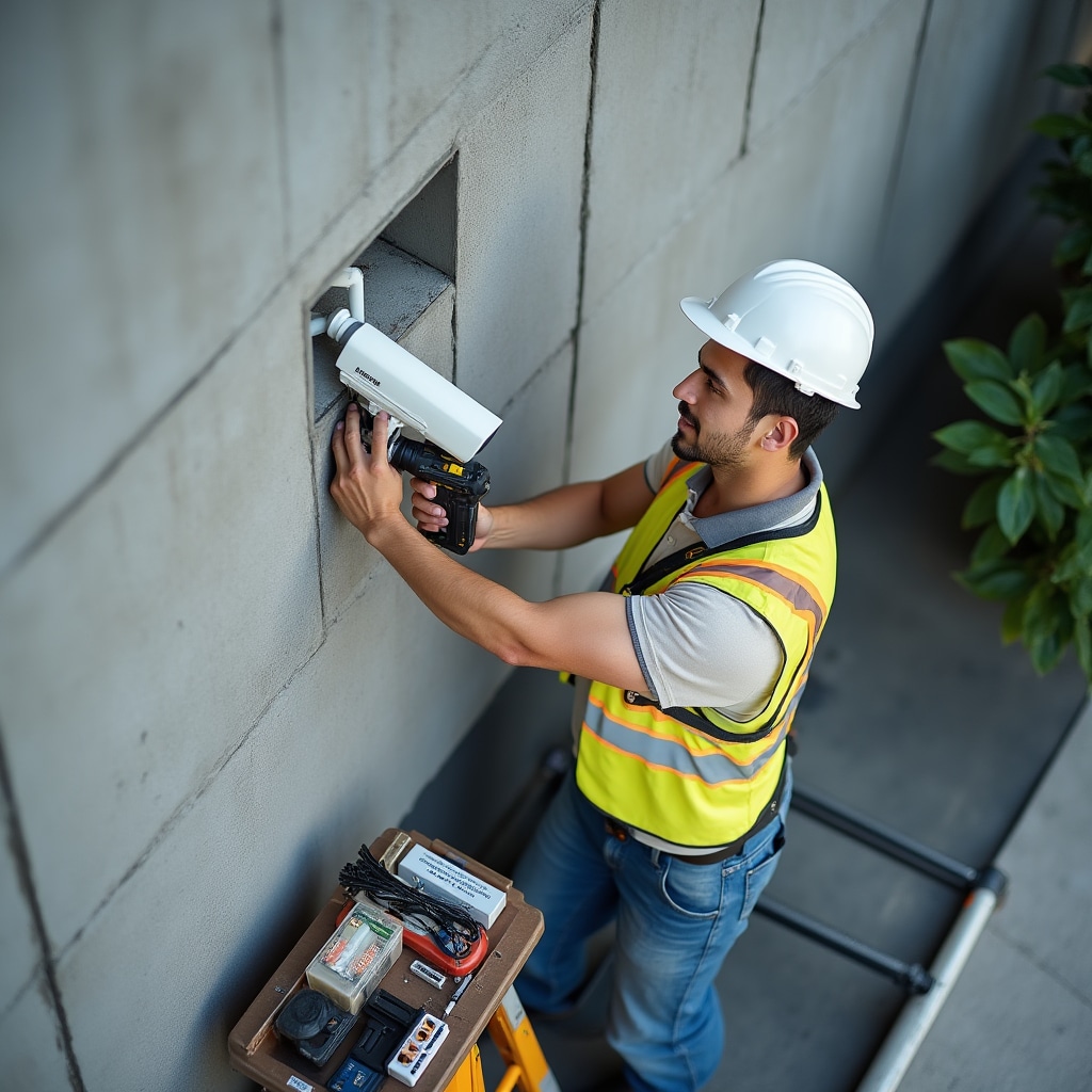 Técnico instalando cámara IP en pared exterior de edificio, usando taladro eléctrico y soporte de montaje, usando equipo de seguridad, herramientas organizadas y materiales de gestión de cables visibles, configuración de instalación profesional