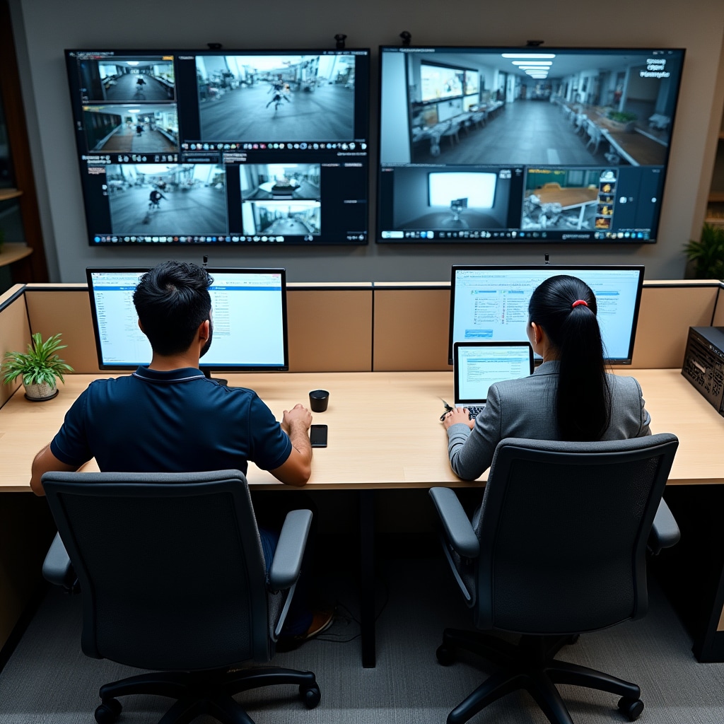 Modern security control room with multiple high-resolution monitors displaying live camera feeds from various building locations, professional NVR equipment rack with organized cabling, ergonomic operator workstation