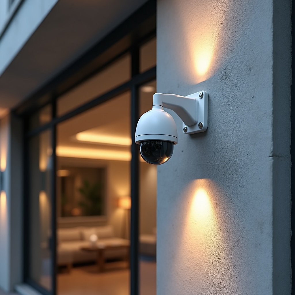 Cámara de vigilancia IP moderna montada en exterior de edificio con carcasa protectora, posicionada para monitorear área de entrada, instalación profesional con gestión de cables limpia y conexiones resistentes a la intemperie, vista clara del área de cobertura