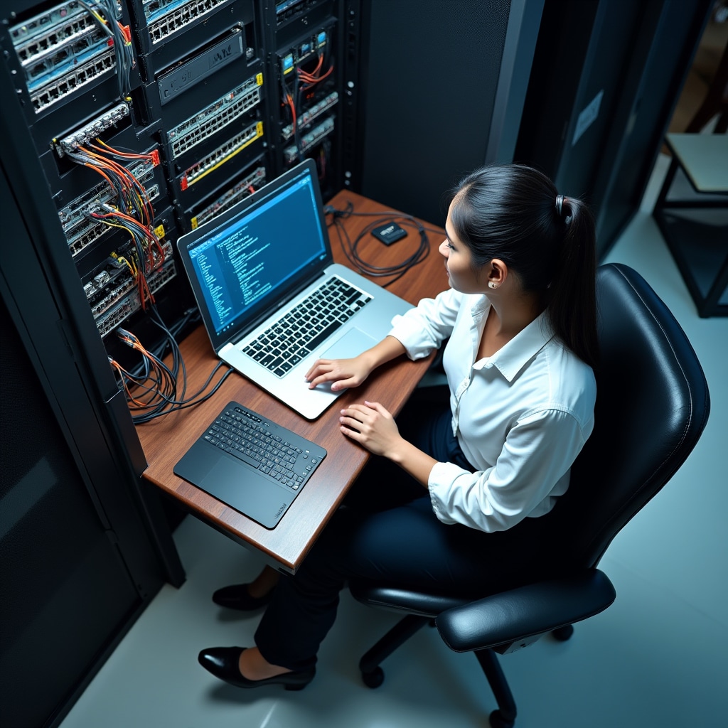 Especialista de red configurando sistema NVR en sala de equipos, conectando múltiples cables de red a switch administrado, laptop mostrando interfaz de configuración, gestión de cables organizada con etiquetado apropiado