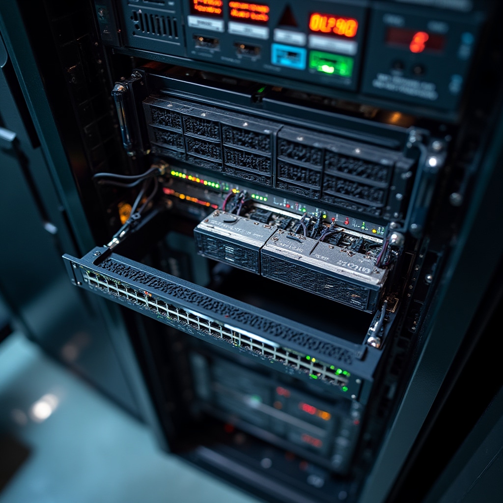 Rack de servidor de grabador de video en red profesional en sala de equipos segura, múltiples discos duros en configuración RAID, conexiones de red organizadas con gestión de cables apropiada, unidad de suministro de energía de respaldo, equipo de monitoreo ambiental