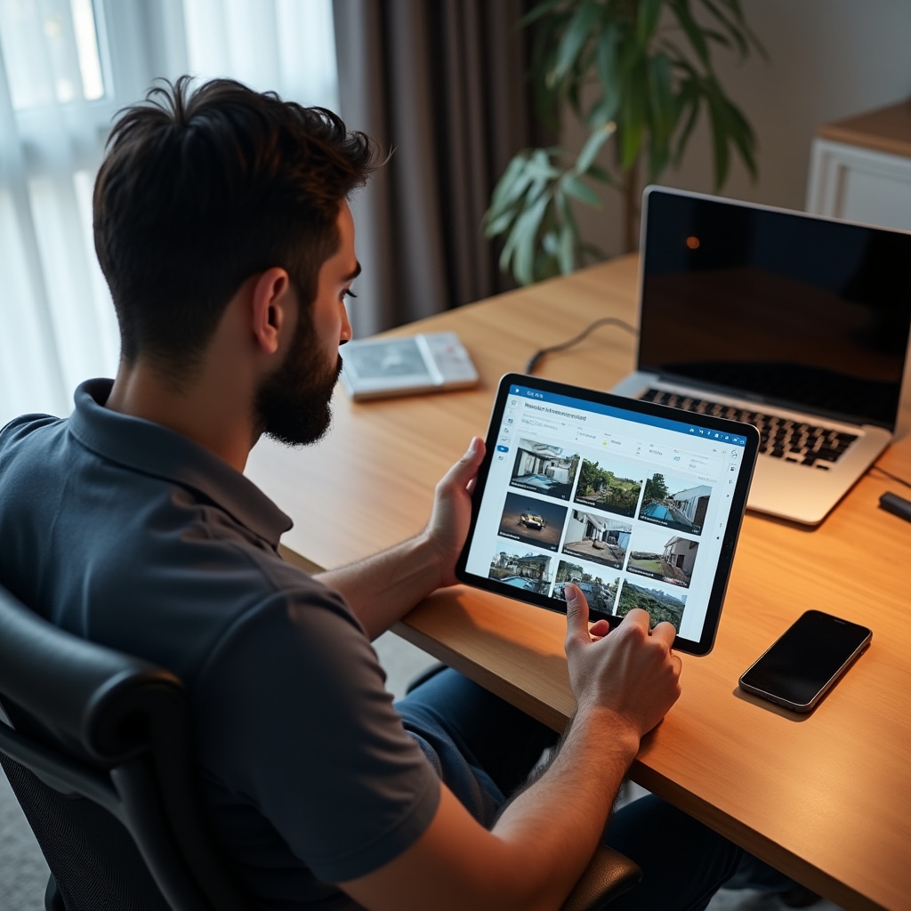 Administrador de edificio usando tablet para acceder al sistema de seguridad remotamente, viendo transmisiones de cámaras en vivo y registros de acceso, interfaz de panel moderno con controles intuitivos, trabajando desde ambiente cómodo de oficina en casa con buena iluminación