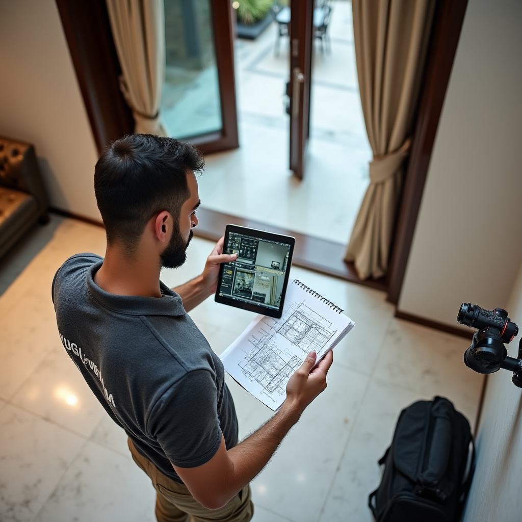Especialista técnico realizando evaluación de edificio con tablet y herramientas de medición, examinando áreas de entrada e infraestructura, tomando notas y fotos de equipos de seguridad existentes y rutas de cables en vestíbulo de edificio residencial