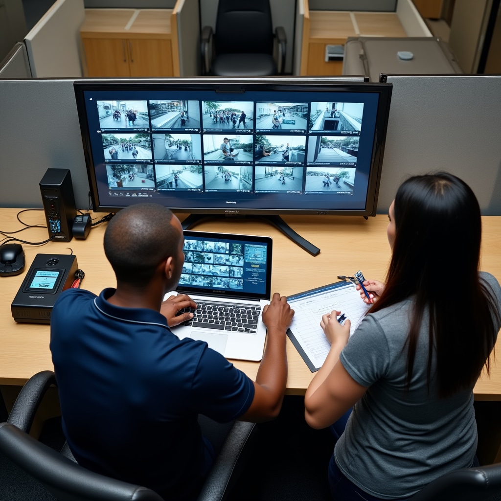 Dos técnicos realizando verificación del sistema, uno monitoreando múltiples transmisiones de cámaras en laptop mientras otro prueba lector de control de acceso, verificando calidad de imagen y tiempos de respuesta del sistema, equipo de prueba profesional y documentación