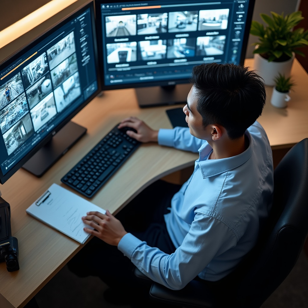 Administrador de seguridad revisando material grabado en múltiples monitores, interfaz de reproducción de video mostrando controles de línea de tiempo y cuadrícula de selección de cámaras, marca de tiempo clara e identificación de cámara, configuración de estación de trabajo de monitoreo profesional